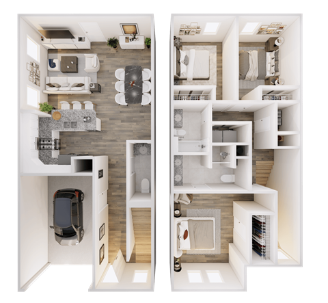 a rendering of a 3d floor plan of a house versus a floor plan vs